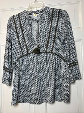 Boden 100% Cotton Light Blue Printed Tassel Peasant Top Women’s 4R